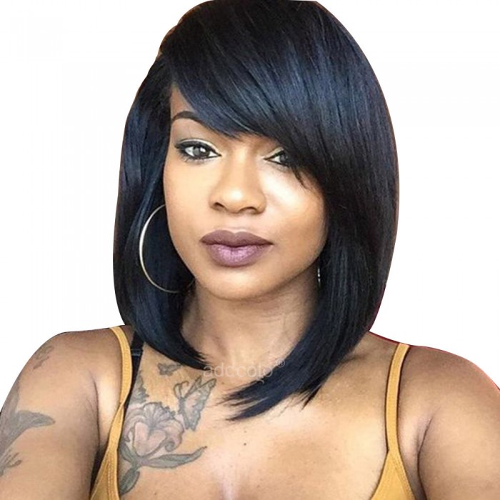 Lace Front Wigs Brazilian Hair Bob Wig With Side Bangs Natural Color