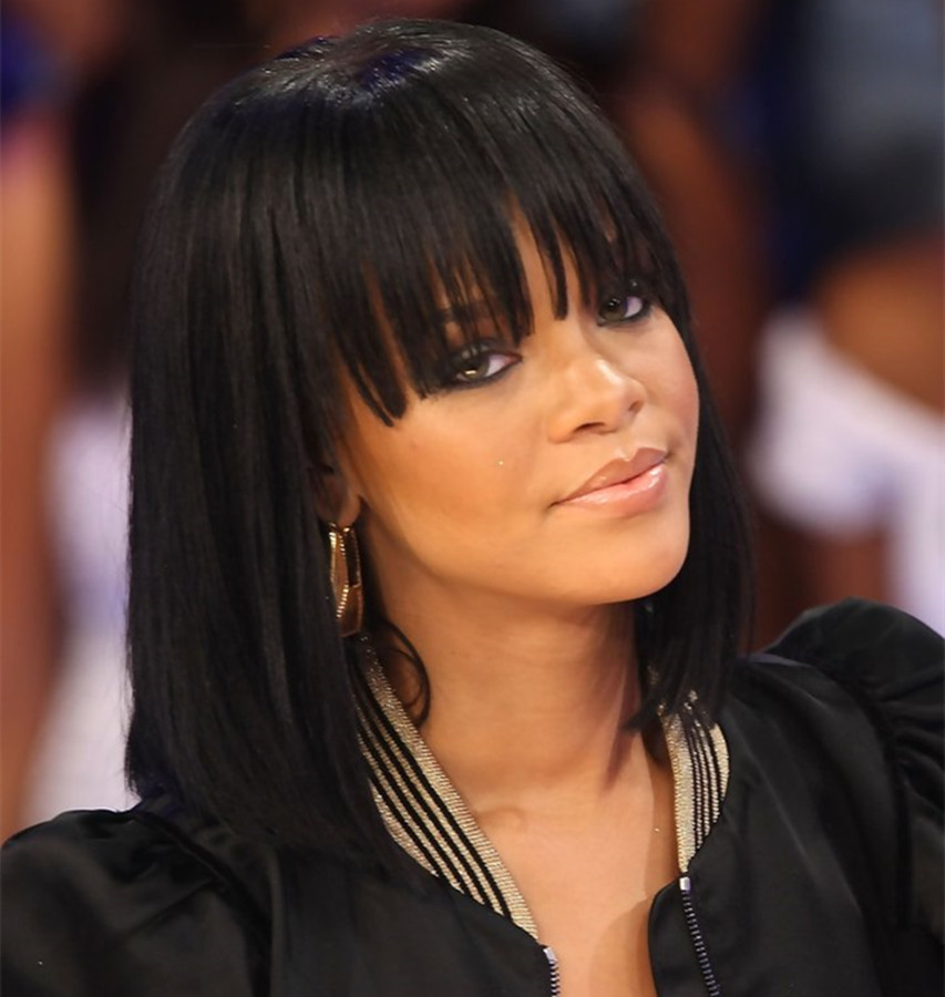 Rihanna &Naomi-Campbell Human Hair Wigs Straight Bob Wig with Bangs